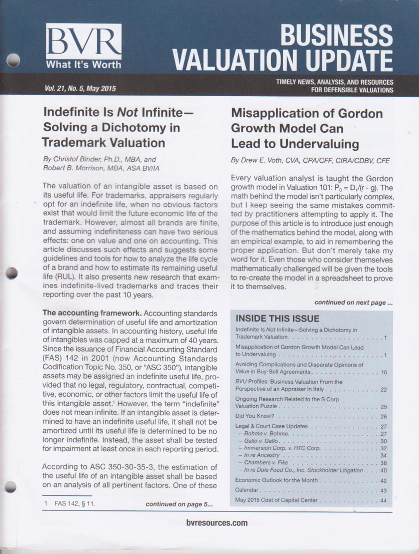 Cover Business Valuation Update Vol. 21, No. 5, May 2015