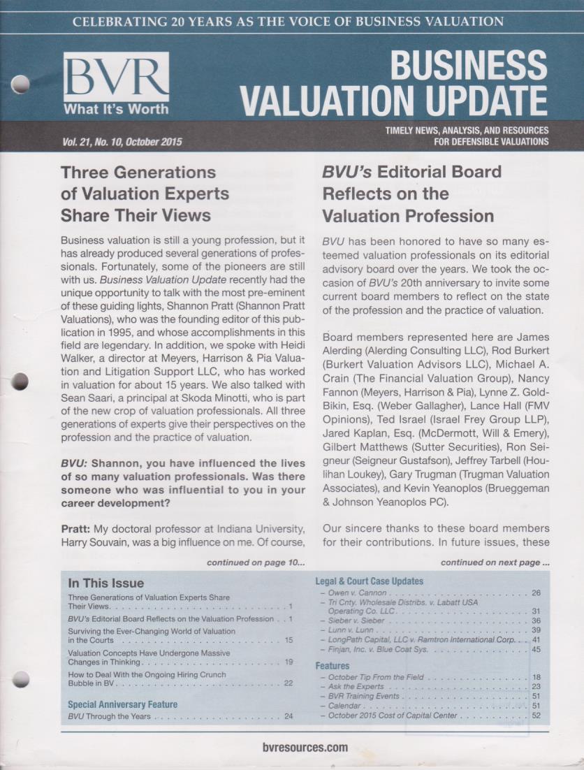 Cover Business Valuation Update Vol. 21, No. 10, October 2015