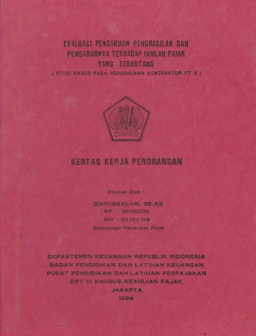 Cover Kertas Kerja Perorangan - Evaluasi Pengakuan Penghasilan dan Pengaruhnya terhadap Jumlah Pajak yang Terhutang