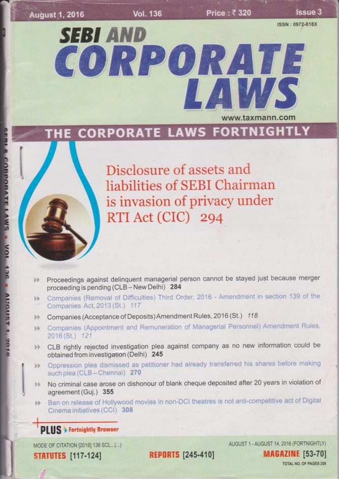 Cover SEBI & Corporate Tax Laws Vol 136 - Aug 1, 2016