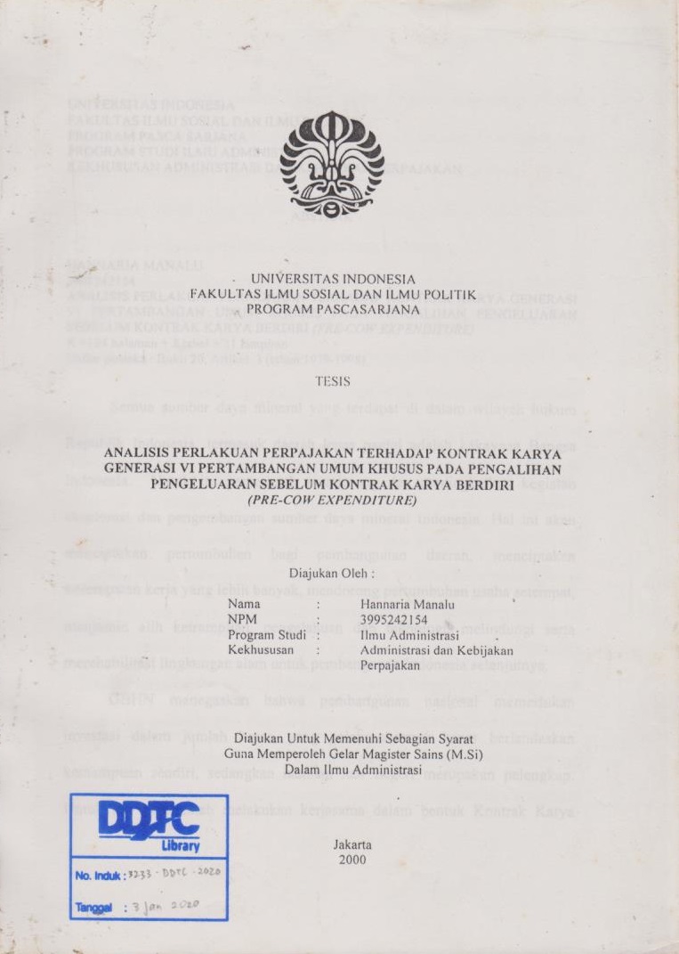 Cover Tesis - Analisis Perlakuan Perpajakan terhadap Kontrak Karya Generasi VI Pertambangan Umum Khusus pada Pengalihan Pengeluaran Sebelum Kontrak Karya Berdiri (Pre-cow Expenditure)